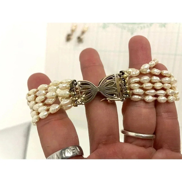 VTG 10k Gold Rice Pearl 6 Strand Necklace with 925 Dangle Earrings 18" Long - Picture 4 of 16